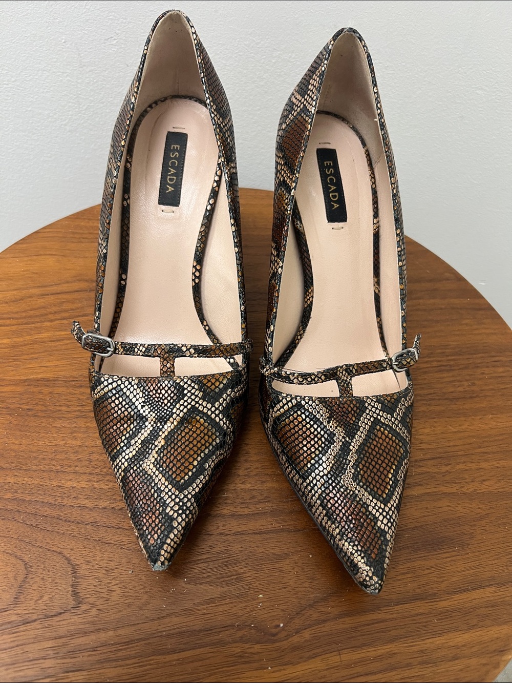 Escada Brown Snake-Print Pointed Toe T-Strap Pumps
